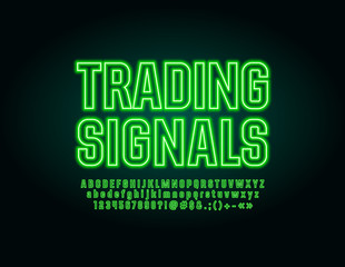 Vector Business sign Trading Signals with neon glowing Alphabet. Green Lighting Font. Set of Illuminated Letters, Numbers and Symbols
