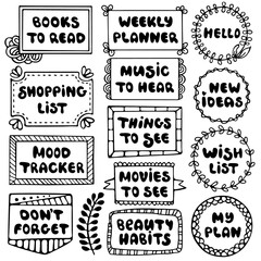Bullet journal hand drawn vector elements for notebook, diary and planner.