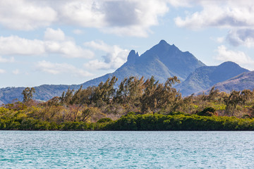 View from sea on the mountain landscape of tropical island Mauritius