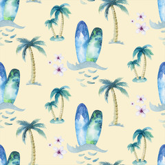 Fototapeta na wymiar Watercolor style seamless surfing pattern of surf man and woman surfers silhouettes with surfboard wave background. Ocean surfing summer design