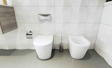 View of the toilet and bidet in a modern bathroom with white walls. 3D rendering. Mockup