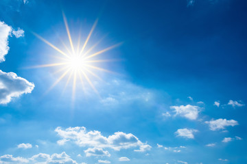 Hot summer or heat wave background, wonderful blue sky with glowing sun