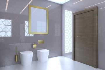 Naklejka na ściany i meble View of the sink, toilet and bidet in a large modern bathroom with brown doors.. Blank paintings. Mockup. 3D rendering