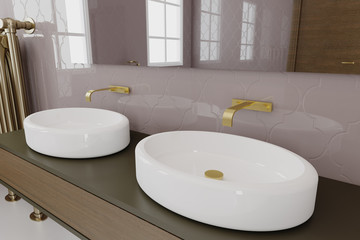 View of the sinks in the bathroom with glossy tiles and a large mirror. 3D rendering