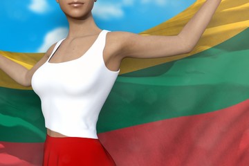 beautiful lady in bright skirt holds Lithuania flag in hands behind her back on the cloudy sky background - flag concept 3d illustration