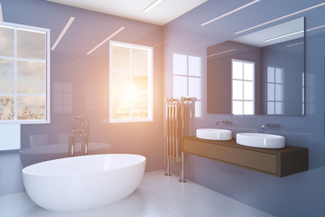 Bathroom with large mirror, steel radiator and wide sinks.. Sunset. 3D rendering