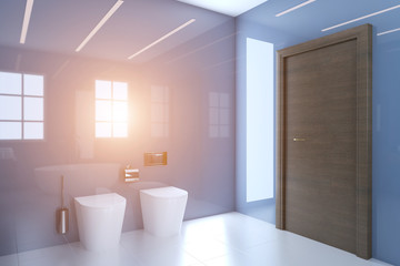 Naklejka na ściany i meble View of the wash basin and bidet in the blue bathroom.. Sunset. 3D rendering