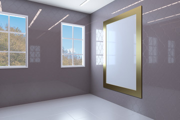 Empty interior of purple bathroom with glossy walls. Brown door.. Blank paintings.  Mockup. 3D rendering