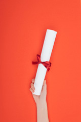 Cropped view of woman holding diploma with ribbon on red surface