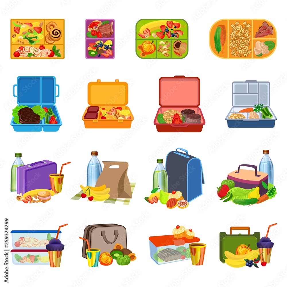 Poster lunchbox icons set. cartoon set of lunchbox vector icons for web design