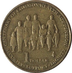 One dollar Australian copper coin centenary of commonwealth aged pension year 2009, isolated on...