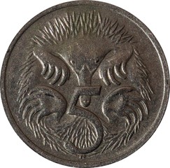 The Australian five cent features the echidna, isolated on white background.