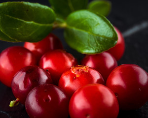 Cowberry (foxberry, lingonberry). Wild cranberry on dark rustic background. Ripe red forest berries Vaccinium vitis-idaea with green leaves. Copy space.