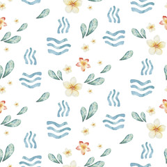Obraz premium Watercolor style seamless surfing pattern of surf man and woman surfers silhouettes with surfboard wave background. Ocean surfing summer design