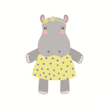 Hand drawn vector illustration of a cute funny hippo girl in a dress. Isolated objects on white background. Scandinavian style flat design. Concept for children print.