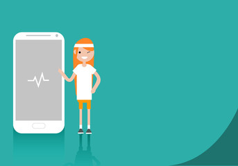 Young character in sportswear standing near smartphone.Sport health app.Space for your text.Flat cartoon design