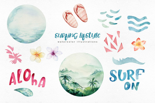 Watercolor ocean surf beach, adventure, surfers , fun holiday activity, tropical travel illustration. Island summer, retro car and surfboard.