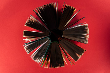 Top view of hardcover books on red surface