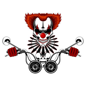 Vector image of a clown skull in red gloves driving a motorcycle. Clown skull with red hair and jabot on a white background.
