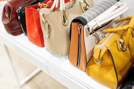 Close up collection of woman feminine handbags, standing in a row on shelf
