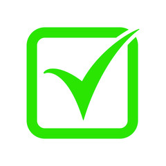 Green tick icon vector symbol, checkmark isolated on white background, checked icon or correct choice sign, check mark or checkbox pictogram