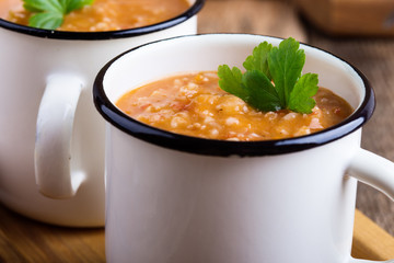 Vegan pearl barley soup with seasonal vegetables