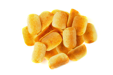 Tasty crispy potato chips on white background. Fast food snack.