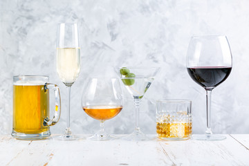 Selection of alcoholic drinks - beer, wine, martini, champagne, cogniac, whiskey