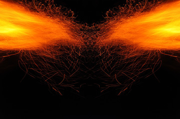 Fototapeta premium Abstraction, burning fire with sparks. Mystical prototype with patterns for the background. Horizontal reflection.