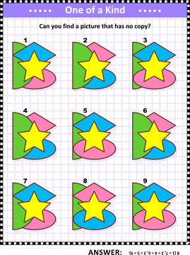 IQ training educational math puzzle for kids and adults with basic shapes -  oval, star, semicircle, rhombus, or diamond - overlays and colors: Can you find the picture that has no copy? 