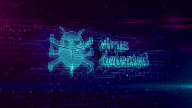 Virus detected hologram on digital background. Danger alert, worm, infection, cyber attack and warning abstract concept. Futuristic loopable and seamless 3D animation.