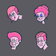 Emoticons, emoji set with facial expressions. Sticker set for messenger and chats with emotional character. Vector illustrations of cartoon persons isolated on dark background