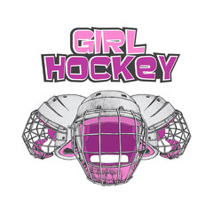 Vector hockey girl lettering. Isolated pink hockey helmets with mask for woman on white background. Ice hockey sports equipment. Hand drawn helmet in sketch style.