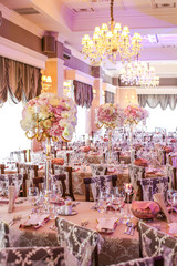 Beautifully wedding decoration in a restaurant, selective focus