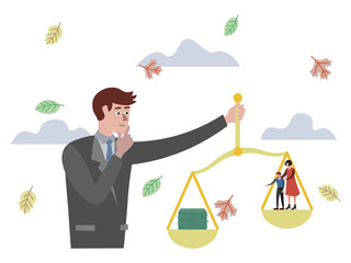 Businessman weighs money and family on scales