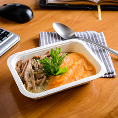 Business lunch at working place. Healthy, diet food take away in boxesTop view, flat lay, frozen food, food delivery