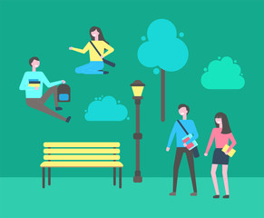 Students youth relaxing in campus university park vector. Man and woman with textbooks and notebooks passing lantern and wooden bench green bushes