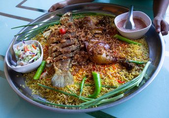 Biryani rice ramadan dinner food for Islam,Concept: Delicious cooked hyderabadi food for Asian East Asian people,chawal with spicy spices and onions
