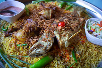 Biryani rice ramadan dinner food for Islam,Concept: Delicious cooked hyderabadi food for Asian East Asian people,chawal with spicy spices and onions