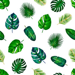 Gouache seamless pattern with tropic leaves. Pattern 3. Hand-drawn clipart for art work and weddind design.