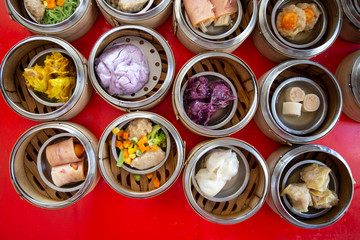 food Chinese dim sum in a bamboo steamer box sphere,Concept:Traditional Asian appetizer culture,Delicious China food festival menu top viw