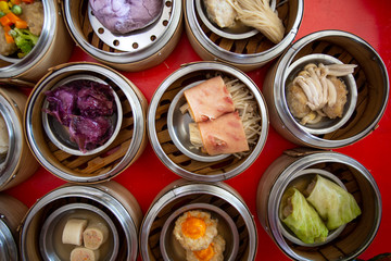 food Chinese dim sum in a bamboo steamer box sphere,Concept:Traditional Asian appetizer culture,Delicious China food festival menu top viw
