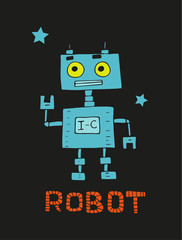 Vector illustration of retro robot in flat style. Children's bright print