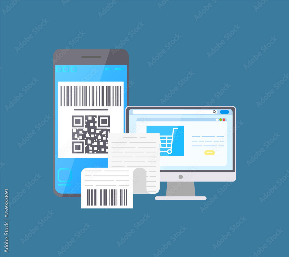 Poster bar code on mobile phone and laptop monitor screen vector. devices with qr and receipt bill with inf