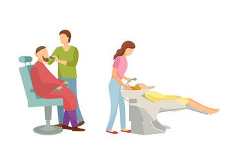 Spa salon, hair wash of client done by beauty expert. Barber shop and making cut of beard and mustaches isolated people, styling new haircut vector