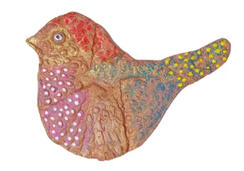 Foto op Plexiglas Homemade Easter bird made of clay and painted with acrylic paints isolated macro © Aleksandr Volkov