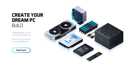 Gaming, workstation and mining computer isometric illustration, custom assembly computer components for workstation, pc store and service  © CreativeCore