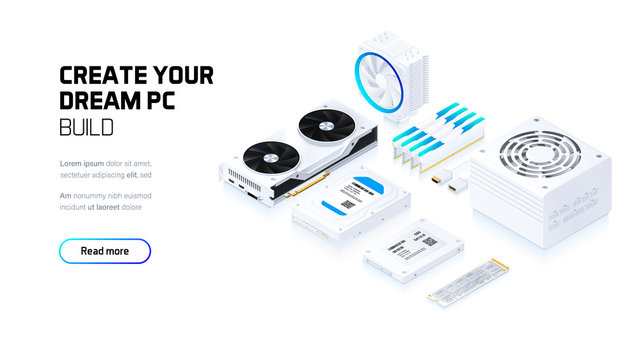 Gaming, workstation and mining computer isometric illustration, custom assembly computer components for workstation, pc store and service	