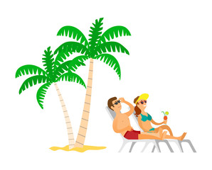 People resting near palm tree, lying on chaise lounge, woman holding cocktail. People wearing sunglasses and swimsuit, couple sunbathing, summer vector
