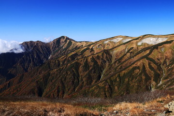 東北飯豊連峰　飯豊山山頂への道　切合小屋稜線からの紅葉の大日岳を望む